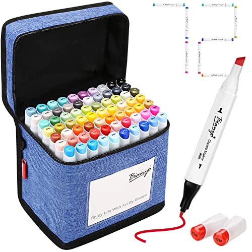 Bianyo 72 Colors Alcohol Markers, Dual Tip Fine & Chisel Art Markers with Blue Carry Case for Adult Coloring Books, Illustration, Blending, Sketching & Drawing - color: 72 Classic Colors – Blue Bag