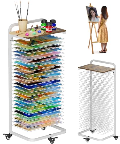 mocomax Art Drying Rack with Top Board, Mobile Painting Drying Stand with 25 Removable Shelves, Functional Art Canvas Storage Rack with Lockable Wheels for Classrooms & Art Studios, White - color: White, size: 25 Shelf with Board
