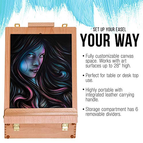 U.S. Art Supply Newport Large Adjustable Wood Desktop Easel - Premium Beechwood Tabletop Drawing Easel with Storage, Paint Palette, Portable Easels for Painting, Drawing, Sketchbox