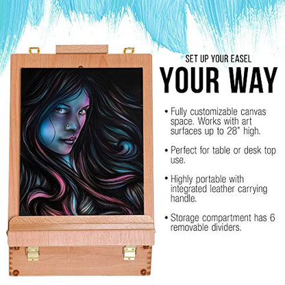 U.S. Art Supply Newport Large Adjustable Wood Desktop Easel - Premium Beechwood Tabletop Drawing Easel with Storage, Paint Palette, Portable Easels for Painting, Drawing, Sketchbox