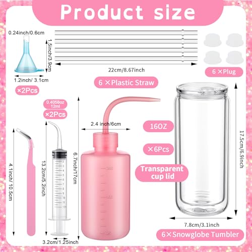Meanplan 6 Pack DIY Plastic Snow Globe Tumbler Supplies Kit 16oz Pre Drilled Double Wall Clear Cup 20 Colors Glitter Squeeze Bottle Funnel Tweezer Bent Syringe UV Resin Flashlight Cup Holder Scraper