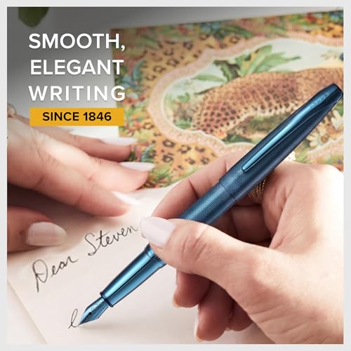 Cross ATX Sandblasted Dark Blue Stainless Steel Fine Nib Fountain Pen - Refillable Pen for Smooth Writing - Black Ink - Comfortable Grip - Long-Lasting - Professional Office Supplies - color: Sandblasted Dark Blue, style: Fine Nib