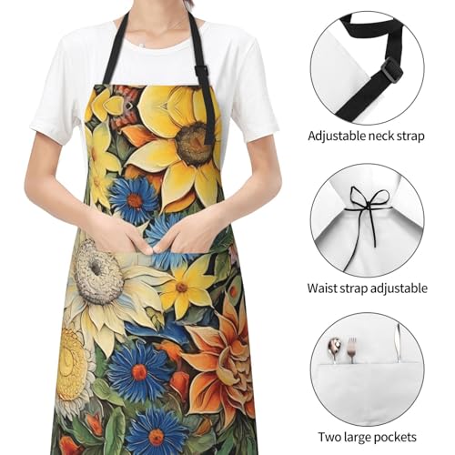 Prancing Brown Horse Heavy Duty Waterproof Apron with Pockets for AdultsResistant Grilling, Gardening, Painting - color: Oil on Canvas Sunflower