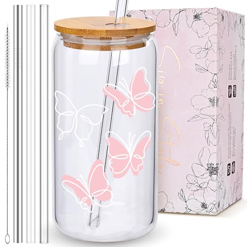 BIPEDS Butterfly Gifts for Women, Pink Cute Glass Cups with Lids and Straws, Aesthetic Iced Coffee Cup, Girly Preppy Design Tumbler Mug, Birthday Valentines Christmas, Teen Girl Gifts Trendy Stuff - color: 08-Pink Butterly
