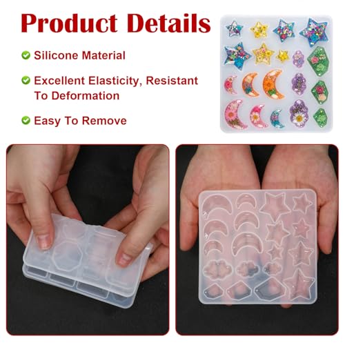 Earring Resin Mold with Holes Silicone Pendant Epoxy Mold 3 Packs | Geometric Gem Cabochon Jewelry Casting Variety Shapes Sizes for DIY Earrings Necklace Keychain Crafting Resin Supplies