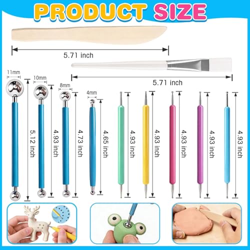 12PCS Dotting Tools Set, Clay Sculpting Tools with Double-Sided Ball Tips & 1.7OZ Air Dry Clay Glaze for Rock Painting, Pottery Embossing, Canvas Drawing & Clay Modeling Kit for Artists and Crafters