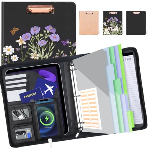 Clipboard with Storage for Men Women, Leather Padfolio Portfolio with Zipper, 1 Inch 3 Ring Binder 5 Dividers, Notepad for Letter Size, Elastic Closure and Pen Loop, Card Slot Black Flower - color: Black Weed