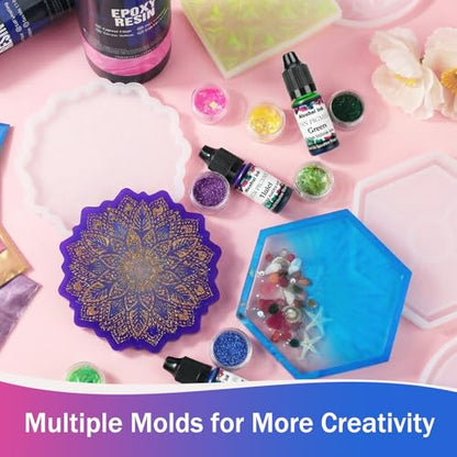 KISREL Epoxy Resin Kit for Beginners, 32oz Resin Kit with Coaster Molds, Complete Accessories Include Pigment, Mica Powders, Dried Flowers, Glitter, Measuring Cups and Other Resina Supplie - size: 32oz kit
