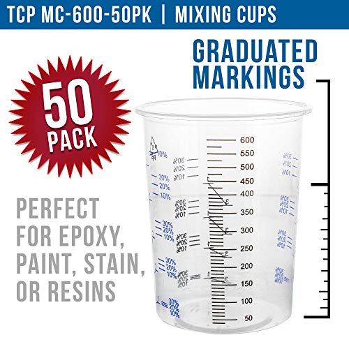 TCP Global 20 Ounce (600ml) Disposable Flexible Clear Graduated Plastic Mixing Cups - Box of 50 Cups - Use for Paint, Resin, Epoxy, Art, Kitchen, Cooking, Baking - Measuring Ratios 2-1, 3-1, 4-1, ML