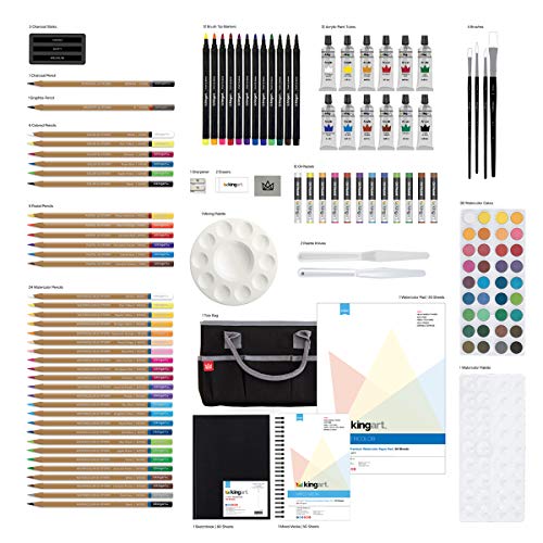 KINGART 150 Ultimate Series 128 Pc. Mixed Media Art Set Includes Paints, Markers, Color Pencils and Paper Pads in a Black Travel Tote Bag, Beginner to Professional, Great Gift, 128 Pc.