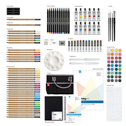 KINGART 150 Ultimate Series 128 Pc. Mixed Media Art Set Includes Paints, Markers, Color Pencils and Paper Pads in a Black Travel Tote Bag, Beginner to Professional, Great Gift, 128 Pc.