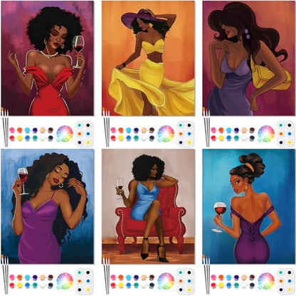 Dinifee 6 Pack Pre Drawn Canvas for Painting Pre Printed Canvas Kit 8 x 10 Inch Stretched Cotton Paint and Sip Set for Adults Couple Party Graduation Summer Date Night(Charming Lady) - style: Charming Lady