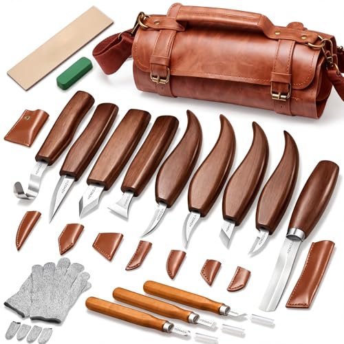 Wood Carving Kit, 17Pcs Wood Carving Tools, Professional Whittling Knife Set, Wooden Hand Knives with Sheath & Deluxe Leather Roll Bag for Beginners Adults & Starter Woodworking