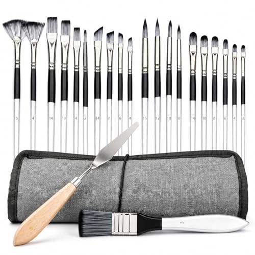 24Pcs Multi-Shape Paint Brushes Set for Acrylic, Oil, Watercolor & Gouache with Palette Knife and Waterproof Canvas Roll, Synthetic Bristles Art Supplies for Artists & Beginners
