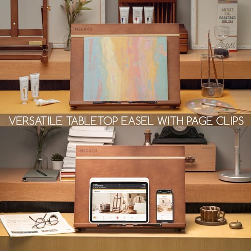 MEEDEN PRO A3 Tabletop Easel with Page Clips, 2 in 1 Versatile Drawing Board for Painting & Book Stand for Reading, 7-Position Adjustable Desktop Easel with Rubber Bands, Foldable Cookbook Holder