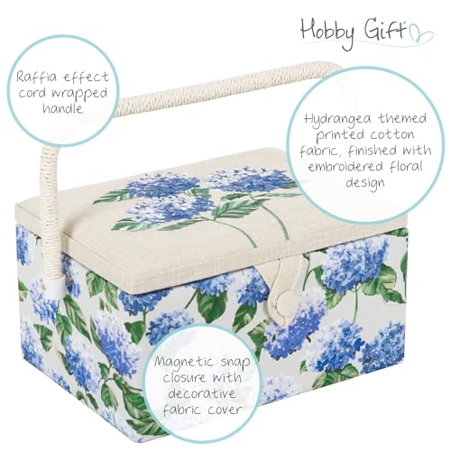 Hobby Gift Medium Sewing Box Organiser, Fabric Covered Storage Box with Handle, Internal Tray, Pin Cushion and Pocket for Sewing, Quilting and Knitting Supplies - color: Blue Hydrangea