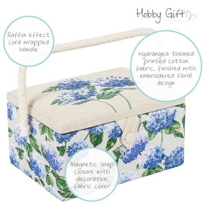 Hobby Gift Medium Sewing Box Organiser, Fabric Covered Storage Box with Handle, Internal Tray, Pin Cushion and Pocket for Sewing, Quilting and Knitting Supplies - color: Blue Hydrangea