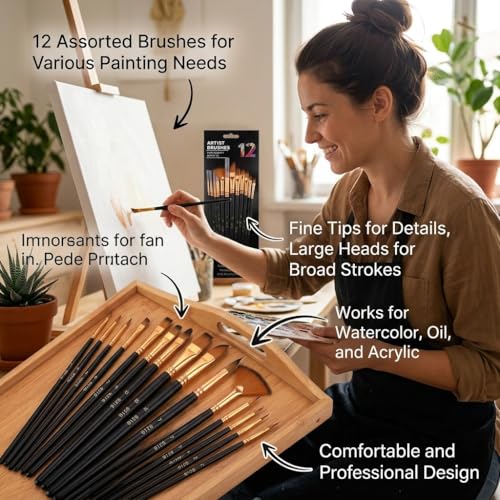12-Piece Artist Paint Brush Set, Synthetic Filbert Comb and Detail Brushes for Acrylic Watercolor & Oil Painting, Professional Art Supplies for Canvas Texture Work