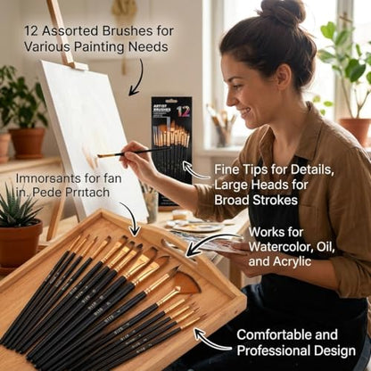 12-Piece Artist Paint Brush Set, Synthetic Filbert Comb and Detail Brushes for Acrylic Watercolor & Oil Painting, Professional Art Supplies for Canvas Texture Work