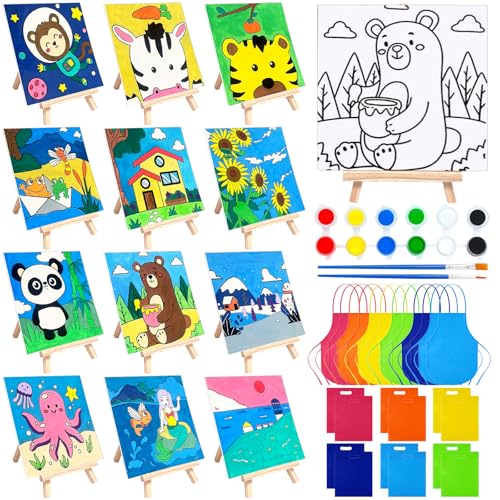 48PCS 12 Sets Printed Canvas Paint Art 12 Pcs Wooden Easel Set Paint Pots and Brushes and 12 Pre Drawn Canvas Panel 12 Pcs Mini Apron and Tote Bag for Kids(Cute) - style: Cute