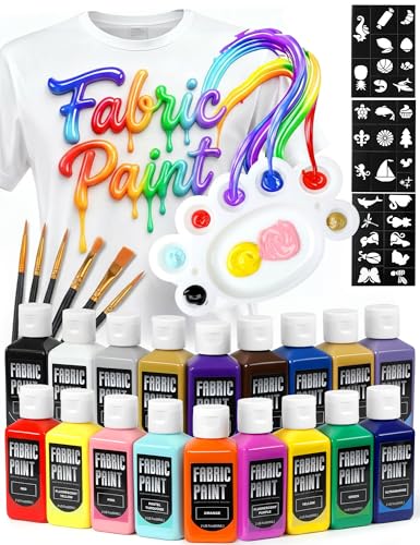 TMOL Fabric Paint Set - Permanent & Washer Safe, 18 Vibrant Colors, in Bottles (60ml/2oz), Non-Toxic Certified Fabric Paint with Brushes & Stencils, Textile Paint for Clothes, DIY Projects & Art - color: 18 colors