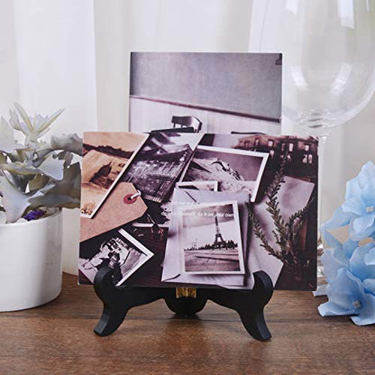 LOCOLO 6 Pack 5 Inch Wooden Display Stands Black Foldable Wood Easel Stands with Gold Latch, Adjustable Width Plate Holders for Picture Frames Decorative Plates Artwork Cookbooks Tabletop Display