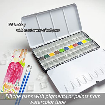 FCLUB Watercolor Palette, 48 Wells and 3 Mixing Areas - Empty Half Pans Watercolor Palette with Lid, Folding Paint Tray - style: Tin with 48 Transparent Half Pans