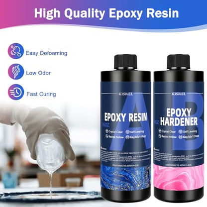 KISREL Epoxy Resin Kit for Beginners, 32oz Resin Kit with Coaster Molds, Complete Accessories Include Pigment, Mica Powders, Dried Flowers, Glitter, Measuring Cups and Other Resina Supplie - size: 32oz kit