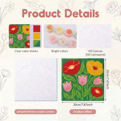 YooNotee 6 Pack Flowers Paint by Numbers Kit on Canvas with Wooden Easels & Brushes, 8x8 Inch Canvas Art Set for Adults DIY Flowers Acrylic Painting for Home Wall Decor - style: Flower