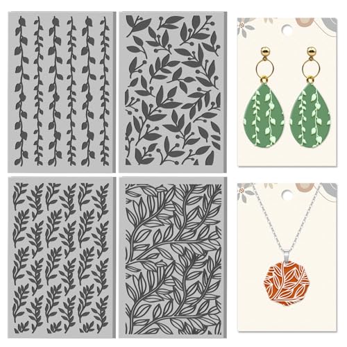 4 Sheets Leaves Pattern Polymer Clay Texture Sheet Plants Pattern Rubber Clay Texture Mat for Polymer Clay Making Earrings Jewelry DIY Crafts 4 × 2.5 Inch - style: Leaves Pattern