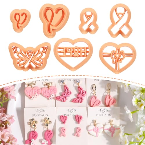 Puocaon Cancer Awareness Clay Cutters - 7 Pcs Pink Ribbon Clay Cutters for Polymer Clay Earrings, Heart Gifts Butterfly Clay Earring Cutters Survivor Group Jewelry Design