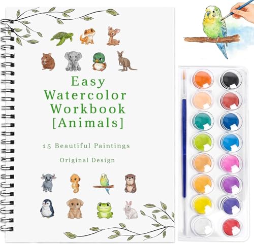 Watercolor Workbook,15 Animal Patterns of Original DIY Designs,16 Colors Watercolor Paint Set with Brush Palett,Beginner-Friendly Water Color Workbooks,Water Coloring Book for Adults - color: Animal with Palette
