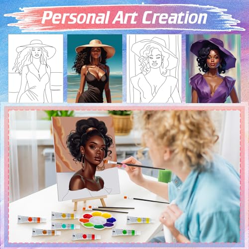 Zhanmai 88 Pcs 8 x 10 Inch Pre Drawn Canvas for Painting Kit Pre Stretched Canvas for Sip and Paint Party Favor Coloring DIY Virtual Party Birthday Gifts Adult's Date Night(Afro Queen) - style: Afro Queen