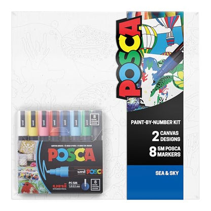 POSCA Canvas Paint by Number Kit, Sea & Sky - 8 Acrylic Markers with 2 Pre-Drawn Canvases - Gift Set for Artists, Adults and Kids - color: Sea & Sky
