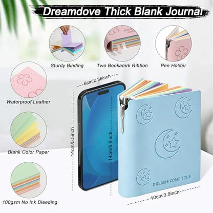 Thick Blank Journal Notebook 400 Pages With Pen Holder 100gsm Thick Color Blank Pages ， A6 Unlined Plain Sketchbook ，No Lines Soft Leather Small Blank Notebook For Women Drawing Book Memo Writing Sketch Diary Hardcover Notebook3.9 × 5.5 (Dreams Come True