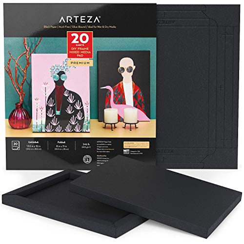 ARTEZA Mixed Media Paper Foldable Canvas Pad, 8x11 Inches, 20 Sheets, Black Paper