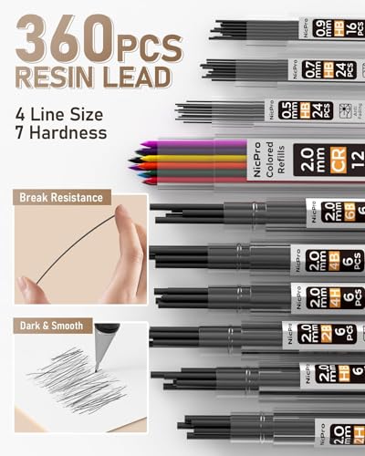 Nicpro 35PCS Gold Art Mechanical Pencils Set, 3 PCS Metal Drafting Pencil 0.5 mm & 0.7 mm & 0.9 mm & 3 PCS 2mm Lead Holder (6B 4B 2B HB 2H 4H Colors) For Sketching Drawing With 20 Tube Lead Refills - color: Gold, style: 0.5 0.7 0.9 2.0