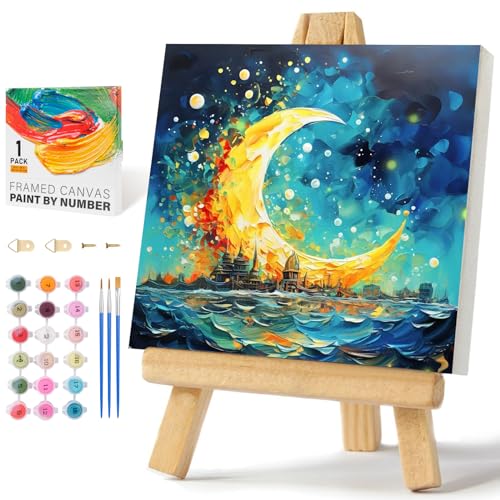 Framed Paint by Numbers Kit for Adults Beginners & Kids Ages 8-12, Sea and Moon Acrylic Easy Paint by Number with Frame, Watercolor Paint by Number Kits on Canvas Framed (10 * 10 Inch, without Easel) - color: BOP1PF23, size: 10 x 10 Inch