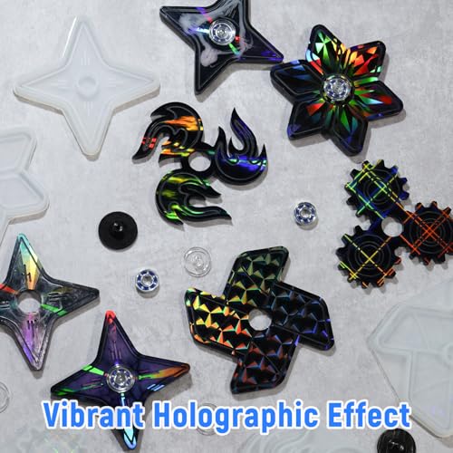 NiArt DIY Epoxy Resin Fidget Spinner Molds Set – 5 Holographic Silicone Casting Molds with Rainbow Texture, 15 Bearings, 15 Pairs Plastic Caps & Organizer Box for Handmade Finger Toys & Craft Projects - size: 5 Molds + 15 Cap Bearings