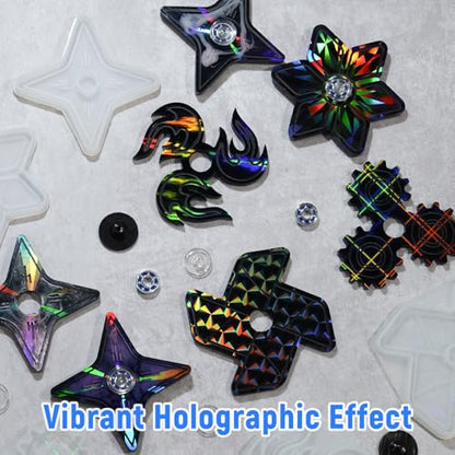 NiArt DIY Epoxy Resin Fidget Spinner Molds Set – 5 Holographic Silicone Casting Molds with Rainbow Texture, 15 Bearings, 15 Pairs Plastic Caps & Organizer Box for Handmade Finger Toys & Craft Projects - size: 5 Molds + 15 Cap Bearings