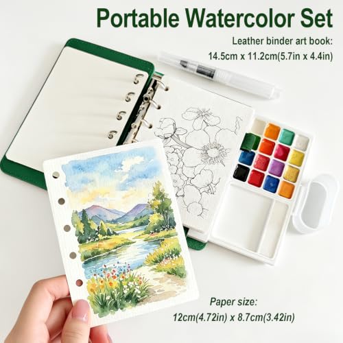 Travel Watercolor Set, 16 Colors Standard (8 Matte & 8 Shimmer), Mini Paint Kit with 30-Sheet 300G Cotton Sketchbook, Detachable Palette, Water Cup & Water Brush, Green - color: Green