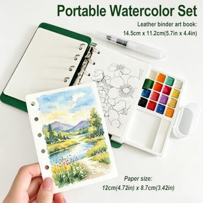 Travel Watercolor Set, 16 Colors Standard (8 Matte & 8 Shimmer), Mini Paint Kit with 30-Sheet 300G Cotton Sketchbook, Detachable Palette, Water Cup & Water Brush, Green - color: Green