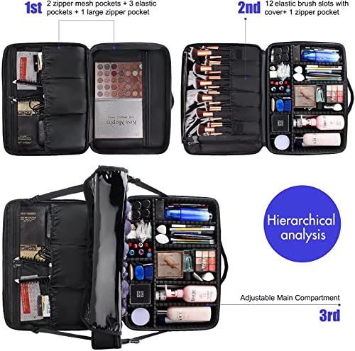 Relavel Extra Large Makeup Case and Makeup Brush Holder Bag, Professional Makeup Organizer, Large Capacity with Adjustable Dividers and Shoulder Strap (Black) - color: Black with Clear Makeup Case, size: Extra Large
