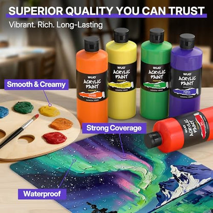 WUO 18 Colors Acrylic Paint Set, 250ml/8.45oz Bottles Acrylic Paint, Professional Large Bulk Rich Pigment, Non-Toxic Multi-Surface Art Supplies for Artists Beginners Adults on Canvas Wood Rock Crafts - color: 18 Colors
