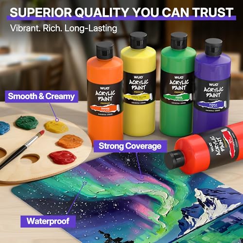 WUO 18 Colors Acrylic Paint Set, 250ml/8.45oz Bottles Acrylic Paint, Professional Large Bulk Rich Pigment, Non-Toxic Multi-Surface Art Supplies for Artists Beginners Adults on Canvas Wood Rock Crafts - color: 18 Colors