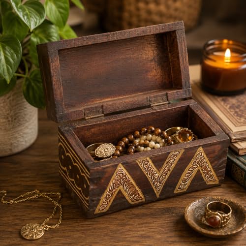 Hand-Carved Wooden Keepsake Box Collection – Decorative Rustic Storage Box, Jewelry Box, Trinket Organizer, Handmade Artisan Wood Home Décor (Chest) - size: Chest