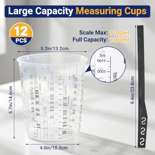 Gartful 12 Pack 37oz Clear Plastic Measuring Cups with 12 Stir Sticks, Disposable Graduated Mixing Cups with ml Scale & 3-Column Paint/Hardener/Thinner Mixing Ratios (1:1-7:1) for Epoxy Resin, Paint - size: 37oz / 1100ml - 12 Set