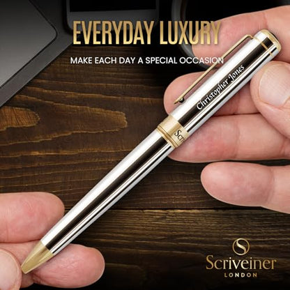 Scriveiner Personalized Silver Chrome Ballpoint Pen - Stunning Luxury Pen, Real Gold Plating, Schmidt Ink Refill, Best Engraved Ball Point Gift Set for Men & Women, Custom Name Engraving - color: 9. Silver Chrome with Gold (Personalized)