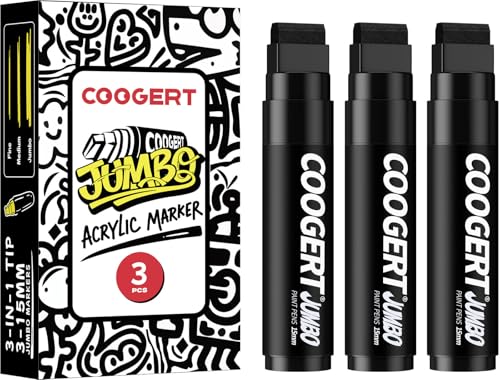 Coogert 3Pcs Black Jumbo Poster Markers, 15MM Thick Permanent Acrylic Graffiti Markers, Wide Tip Paint Marker for Canvas, Posters Board, Fabric, Window, Glass, Wood, Teachers,Banner painting supplie - color: Black