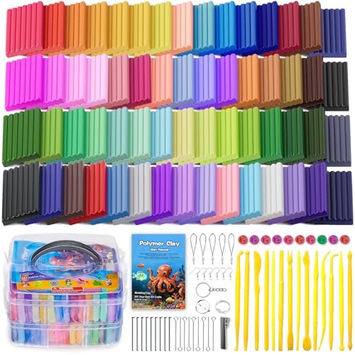 Ixiaoyoo 60 Colors Polymer Clay, DIY Modeling Clay Starter kit for Kids, Oven Baked Model Clay Art & Crafts Toys with Sculpting Tools, Non-Sticky, Birthday & Christmas Gift for Kids & Adults Artists - color: 60 Colors